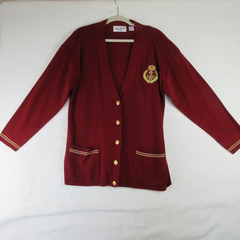 Paradise Bay Long Cardigan Size L Burgandy Gold Emblem Buttons Pockets